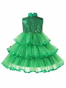小女孩網布拼接分層下擺正裝洋裝 - 綠色 - 查看 2