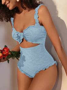 女用鏤空褶邊連身泳衣 - 淺藍色 - 查看 3