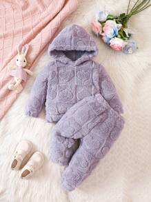 Baby Girl Heart Embossed Plush Hooded Two Piece Set