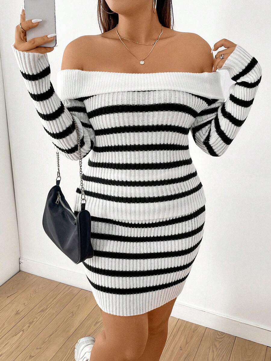 Flirla 大尺碼女露肩條紋毛衣和毛衣裙套裝