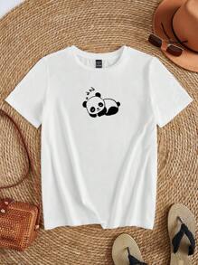 SHEIN EZwear 熊貓印花T恤 - 白色 - 查看 1