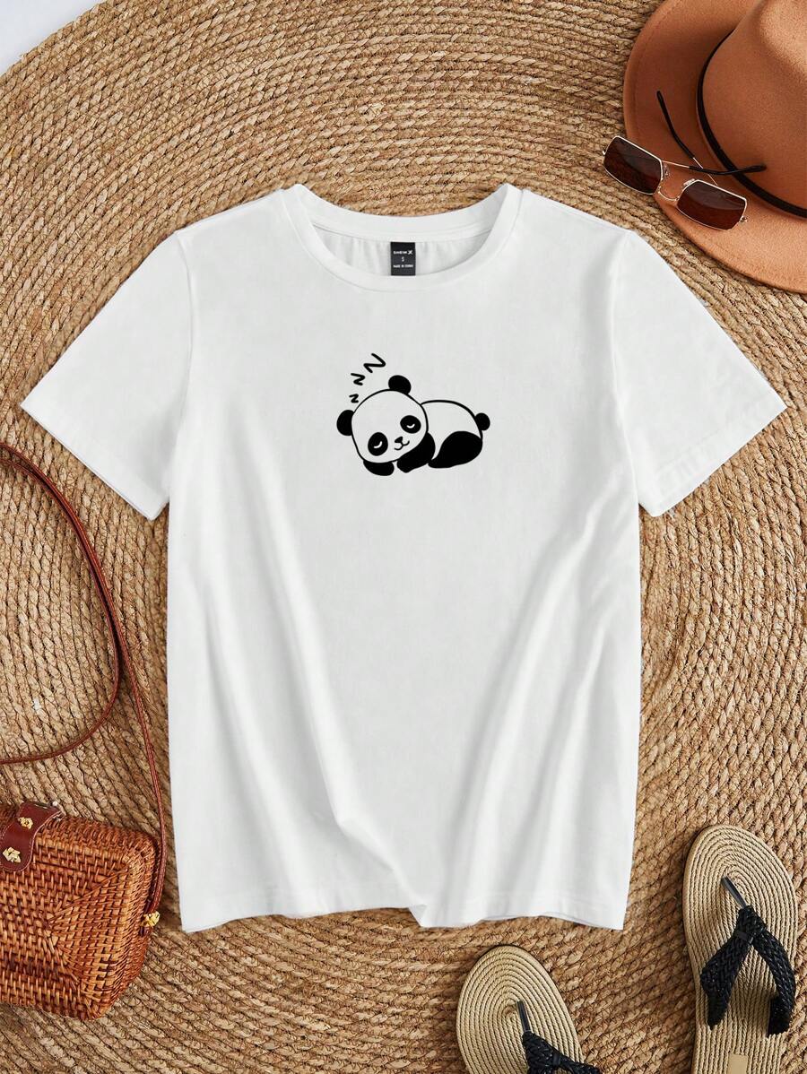 SHEIN EZwear 熊貓印花T恤 - 白色 - 查看 1