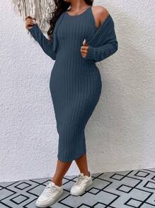 Calvaya Conjunto de dos piezas: Torera con mangas largas y vestido tipo tanque acanalado para mujeres de talla grande - Azul lavado oscuro - Ver 3