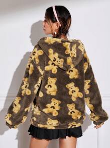 SHEIN EZwear Half Zipper Fleece Hoodie With Cartoon Bear Pattern - Coffee Brown - View 2