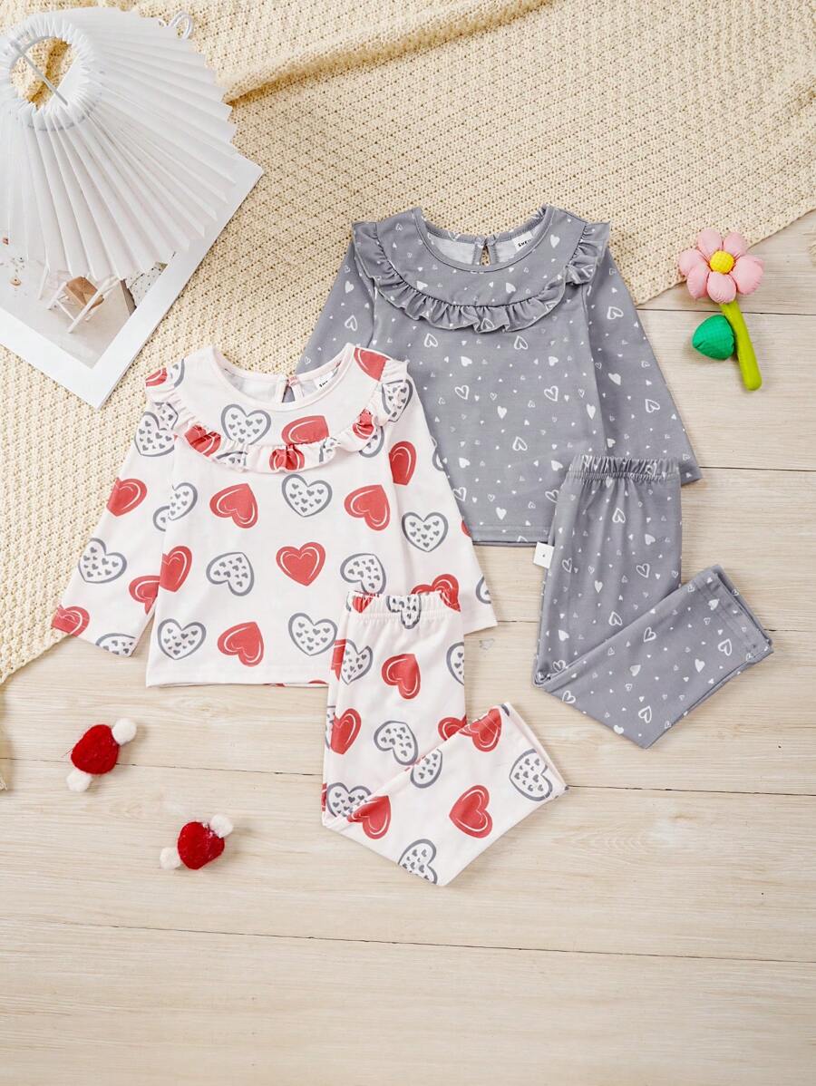 SHEIN Baby Girls' Heart Patterned Homewear 2pcs/set - Multicolor - View 1