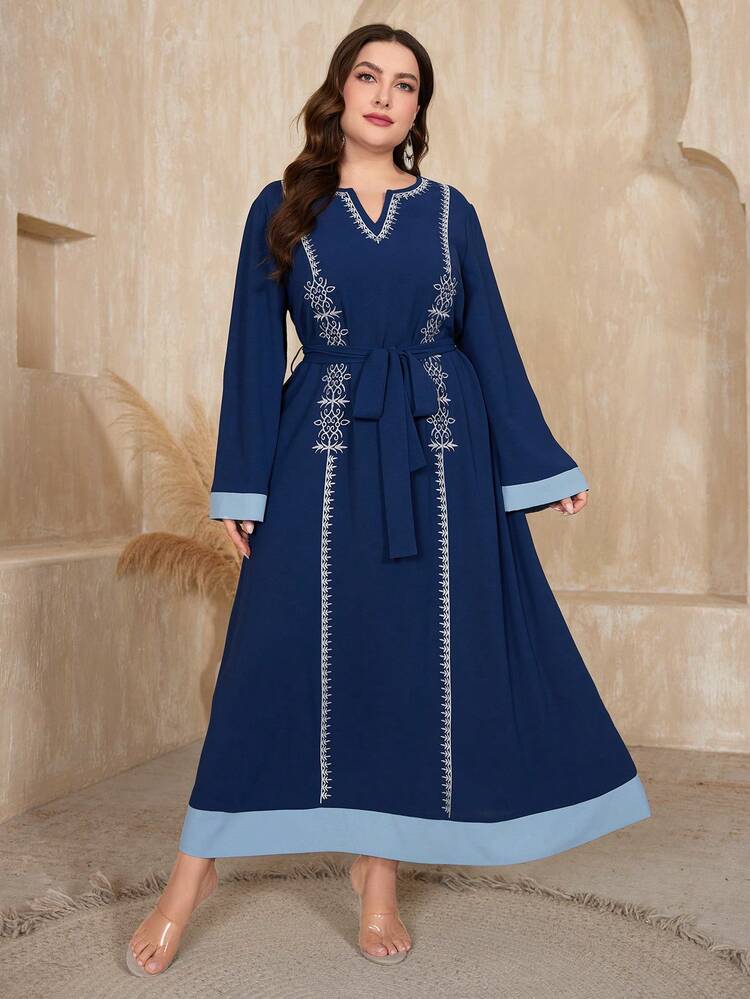 Plus Size Notched Collar Flouncing Edge Joint Long Sleeve Dress Kaftan Jalabiya Dress