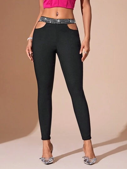 Zolique Women's Rhinestone Waist Hollow Out Skinny Fashion Pants
