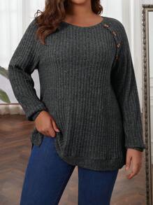 EMERY ROSE Plus Size Button Detail Raglan Sleeve Ribbed Knit T-Shirt - Dark Grey - View 3