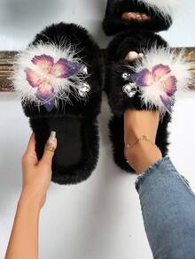 Faux Feather Butterfly Rhinestone Heart-shaped Winter Warm Lady Fashionable Thick-soled Black Long Hair Household Slippers, Ideal For Elegant Look - Black - View 1