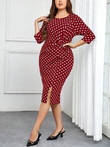 SHEIN Clasi 女款優雅大尺寸圓點印花扭結連身裙 - 紅色 - 查看 3