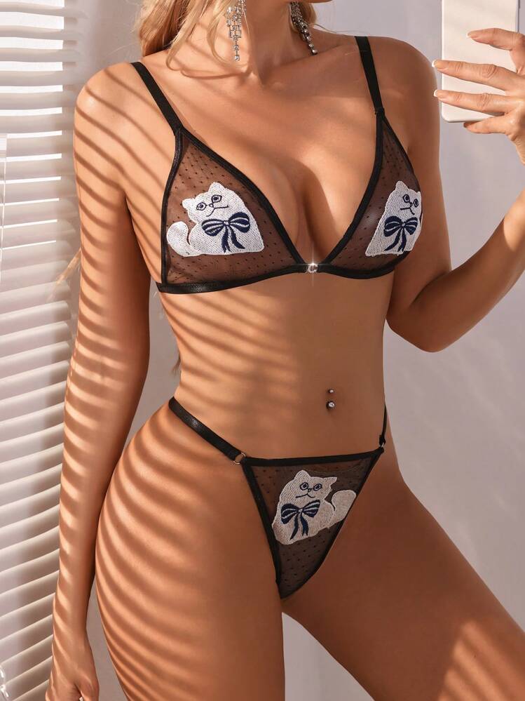 Women's Sexy Cat Embroidery Mesh Lingerie Set - Black - View 5