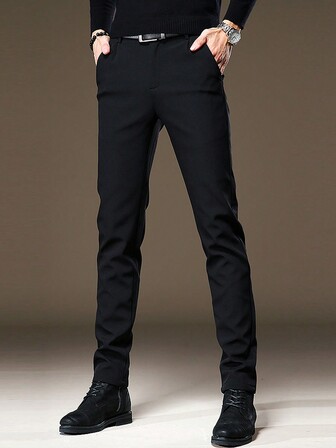 Men's Solid Casual Stretch Tapered Trousers, For Fall