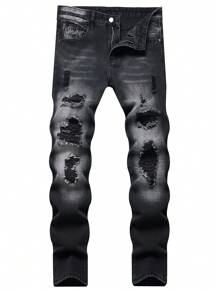 Men's Slim Fit Ripped Black Straight Leg Jeans - Black - View 1