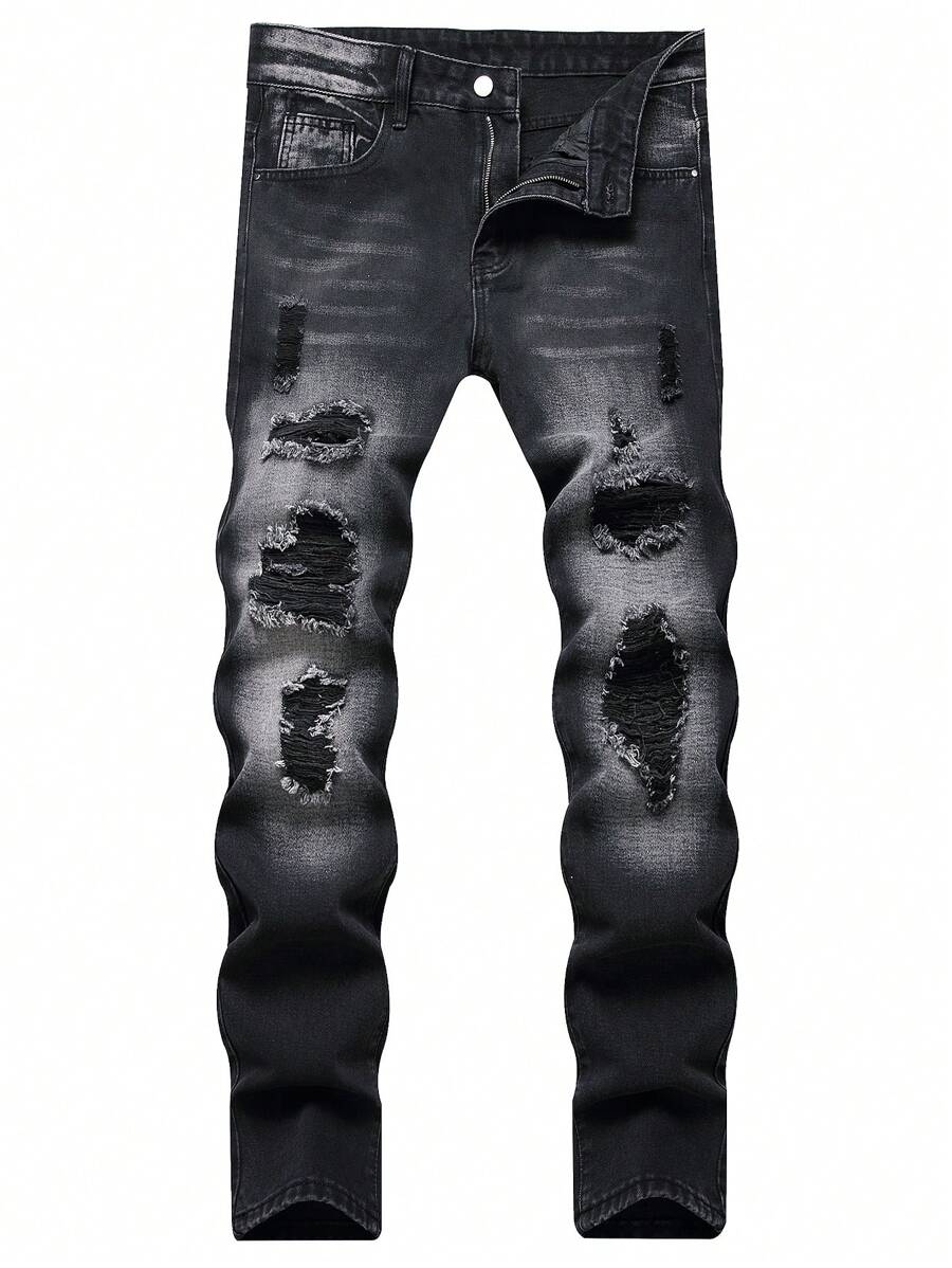 Men's Slim Fit Ripped Black Straight Leg Jeans - Black - View 1