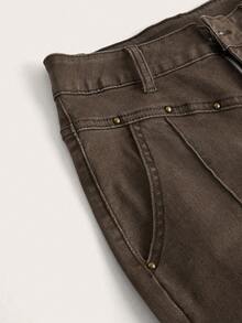 SHEIN EZwear 常规高腰卡其色牛仔喇叭牛仔裤，采用拼布设计 - 咖啡棕 - 查看 4