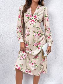 SHEIN VCAY 花紋扭結長袖裙 - 彩色 - 查看 6