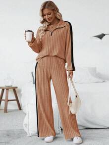 SHEIN Essnce Conjunto De Pantalones Y Top De Punto Acanalado Con Bloques De Color - Caqui - Ver 6