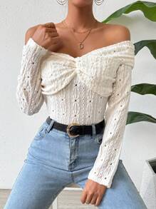 SHEIN Privé 女款純色鏤空刺繡露肩扭紋t卹 - 白色 - 查看 3