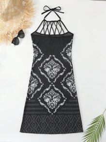 Women'S Floral Print Halter Mesh Cover Up Dress - Black - View 7