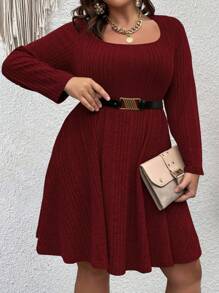 SHEIN CURVE+ 大尺碼女士肋紋長袖修身連身裙 - 紅色 - 查看 4