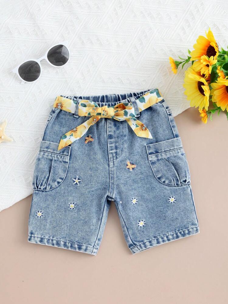 Baby Girls' Basic Casual Vacation Style Light Blue Washed Denim Shorts With Floral Embroidery, Waist Belt