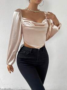 Allurite 兜帽領燈籠袖休閒襯衫 - 香檳色 - 查看 4