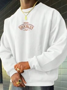 男士字母印花修身休闲保暖内衬卫衣 - 白色 - 查看 1