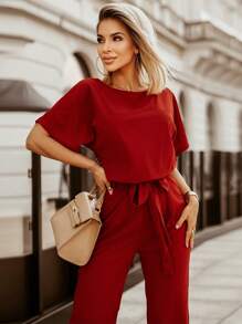 Solid Batwing Sleeve Belted Jumpsuit