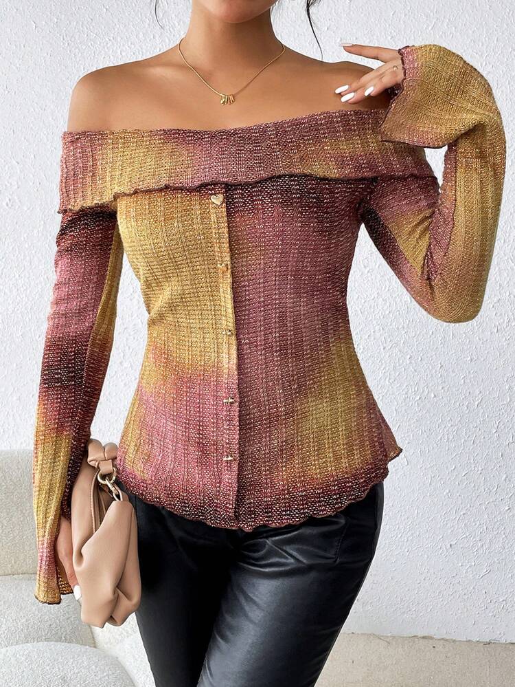 Women's Off Shoulder Tie Dye Button Detail T-shirt