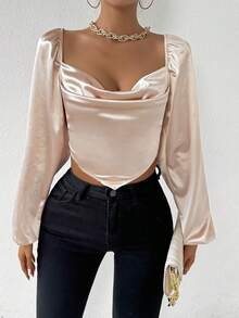 Allurite 兜帽領燈籠袖休閒襯衫 - 香檳色 - 查看 3