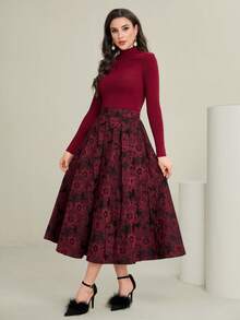 Modelyn 勃艮第红女式纯色上衣搭配花卉印花裙套装 - 酒紅色 - 查看 4