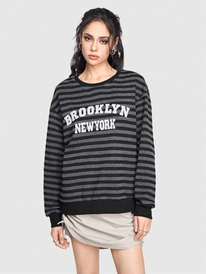Grunge Punk Casual Vintage Striped Sweatshirt For Women With Embroidered Letters, Round Neck, Pullover Style