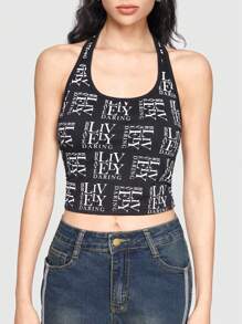 ROMWE Grunge Punk 女士性感緊身街頭戶外風格字母印花露背背心 - 黑色 - 查看 3