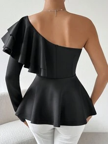 SHEIN Privé Top Ribeteado Con Volantes De Un Hombro