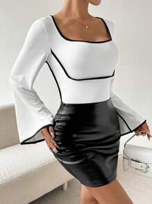 SHEIN Privé Women's Color-Block Rolled Hem Bell-Sleeve T-Shirt - Black and White - View 5