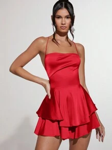 SHEIN BAE Women'S Backless Bandage Satin Cami Jumpsuit, Christmas Dress