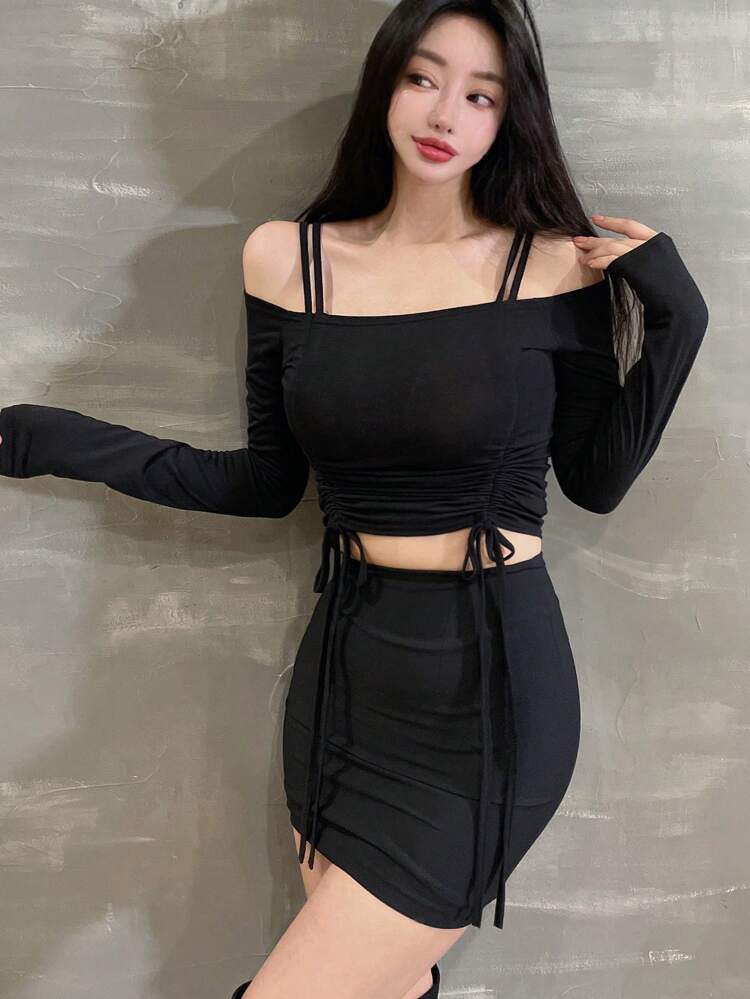 Solid Color Drawstring Crop T-Shirt And Mid-Length Skirt, Women Two Pieces Sets