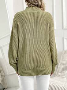 SHEIN Maternity Solid Color High Neck Rib Knit Sweater, For Winter - Green - View 2