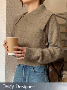 Dazy Designer Sólido Suéter De Cuello Asimétrico - Albaricoque - Ver 1