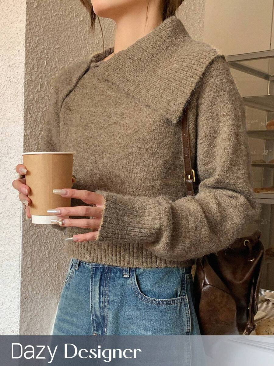 Dazy Designer Sólido Suéter De Cuello Asimétrico - Albaricoque - Ver 1