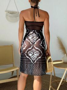 Women'S Floral Print Halter Mesh Cover Up Dress - Black - View 2
