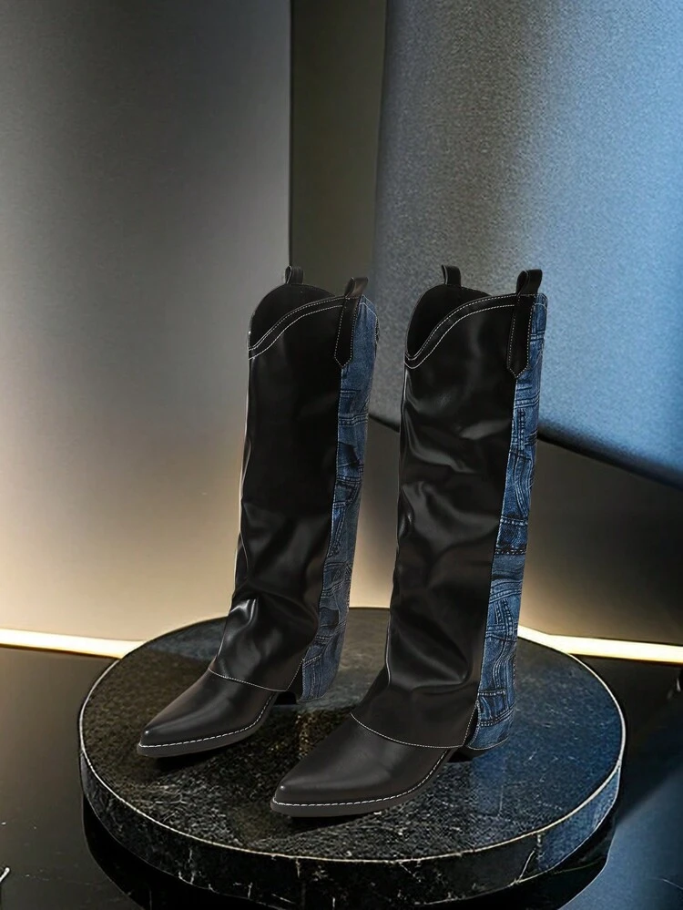 Fashionable Western Style Cowgirl Boots With Denim Patchwork, Chunky Heel And High Tube For Women