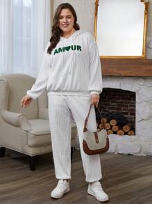 SHEIN Frenchy Women'S Plus  Size Embroidered Drawstring Hooded Sweatshirt