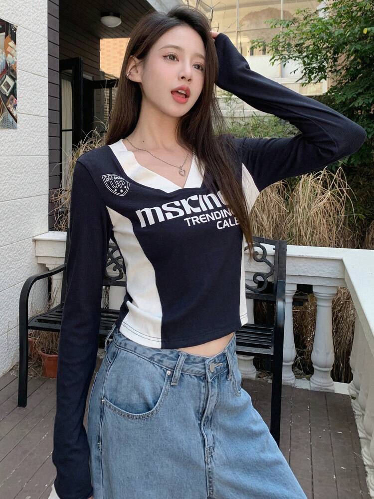 Letter Graphic V Neck Tee Jersey,Fall Clothes Long Sleeve Women Tops Crop Women Tops