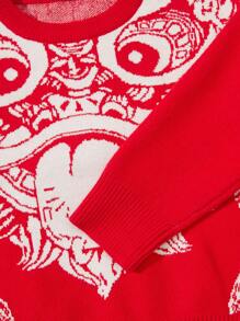 男童舞獅圖案長袖毛衣 - 紅色 - 查看 5