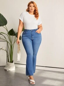 SHEIN LUNE 大尺碼修身喇叭牛仔褲 - 中等水洗藍 - 查看 5