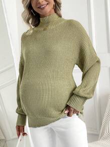 SHEIN Maternity Solid Color High Neck Rib Knit Sweater, For Winter - Green - View 6