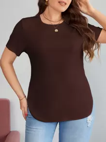 SHEIN Essnce Camiseta De Manga Corta Con Cuello Redondo Para Tallas Grandes - Café integral - Ver 1
