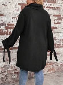 SHEIN LUNE Kích thước lớn Chất rắn cổ áo xếp nếp Coa dây Tay áo chuông Áo thun - màu đen - Xem 3