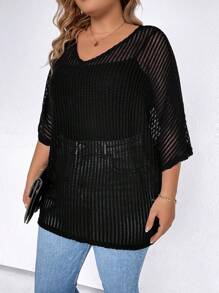 SHEIN LUNE Plus Size Women'S Batwing Sleeve Tops - Black - View 5